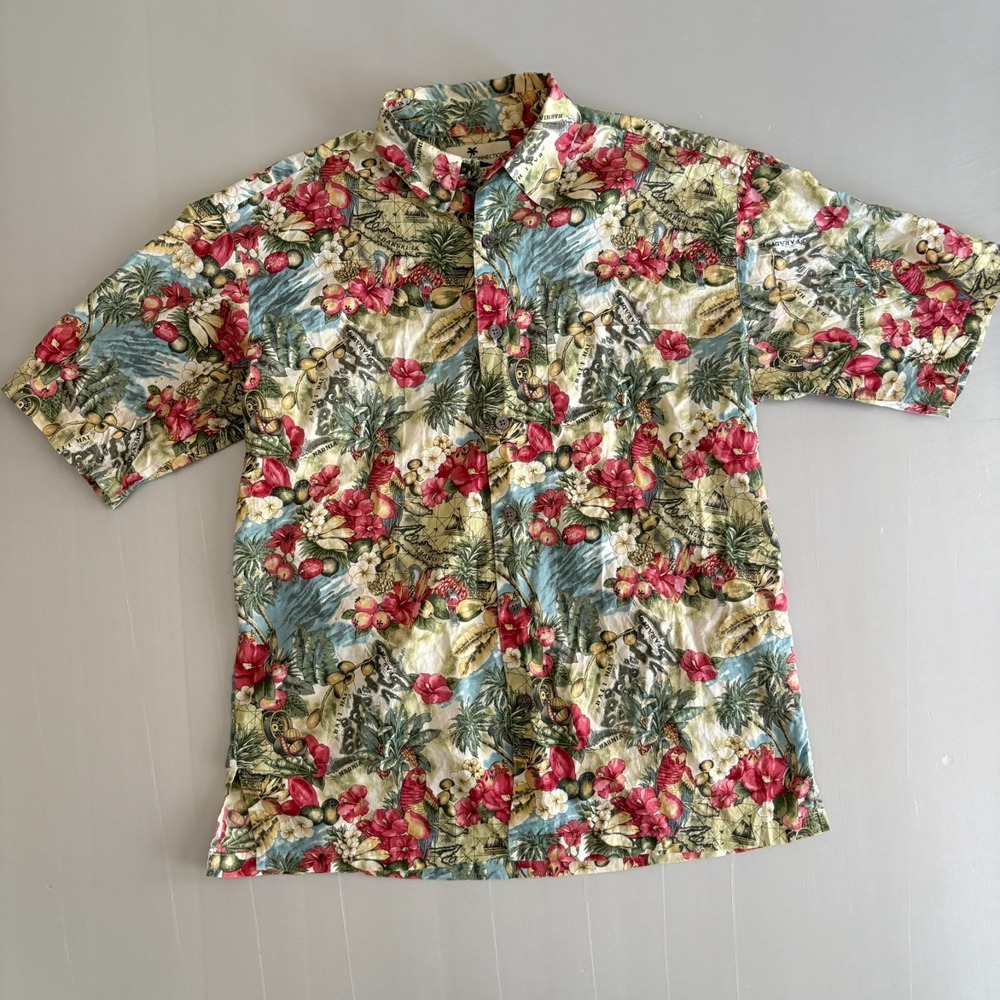 Vtg Island Connection Hawaiian Shirt S‎ Map Floral Parrot Bali Narnia Travel